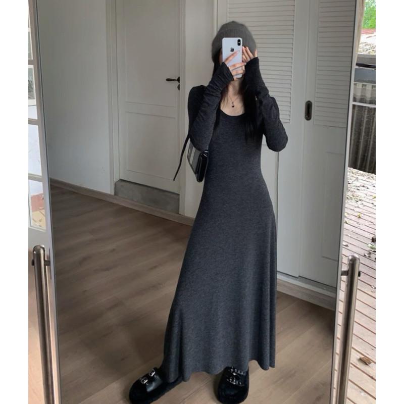 現貨 2色 蜜桃氛圍 蜜桃絨 洋裝 傘襬 長洋 連衣裙 咖啡色 秋冬 自帶氛圍感 蜜桃絨-細節圖2