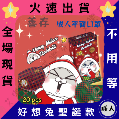 【善存 平面成人醫用口罩】醫療口罩 醫用 平面口罩 成人 台灣製造 雙鋼印 好想兔 聖誕節 紅綠各20入