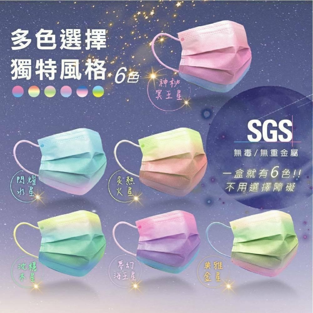 【蘊倡 平面親子醫用口罩】醫療口罩 醫用 平面口罩 親子 成人 兒童台灣製造 雙鋼印 迷幻星球漸層系列 一盒6色漸層-細節圖2