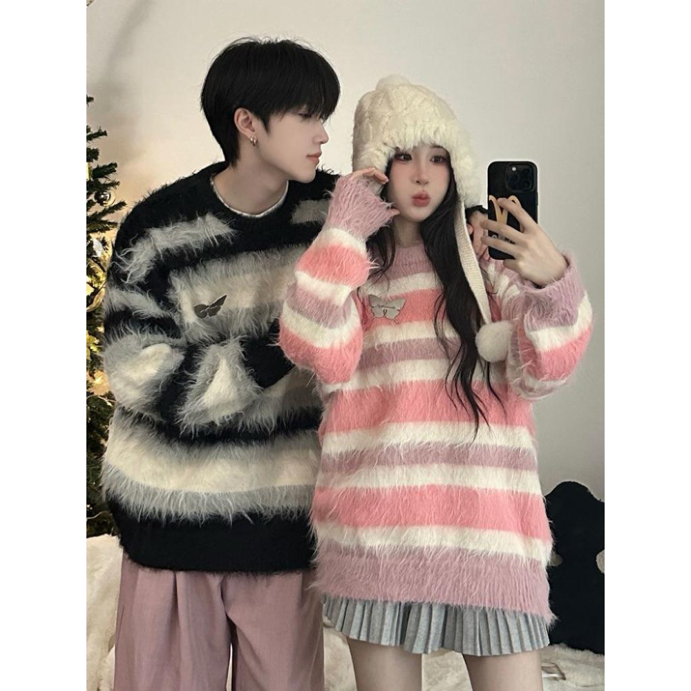 𝑩𝑶𝑾𝑨˚✿˖ 選品｜蝴蝶絨絨條紋情侶裝-細節圖2