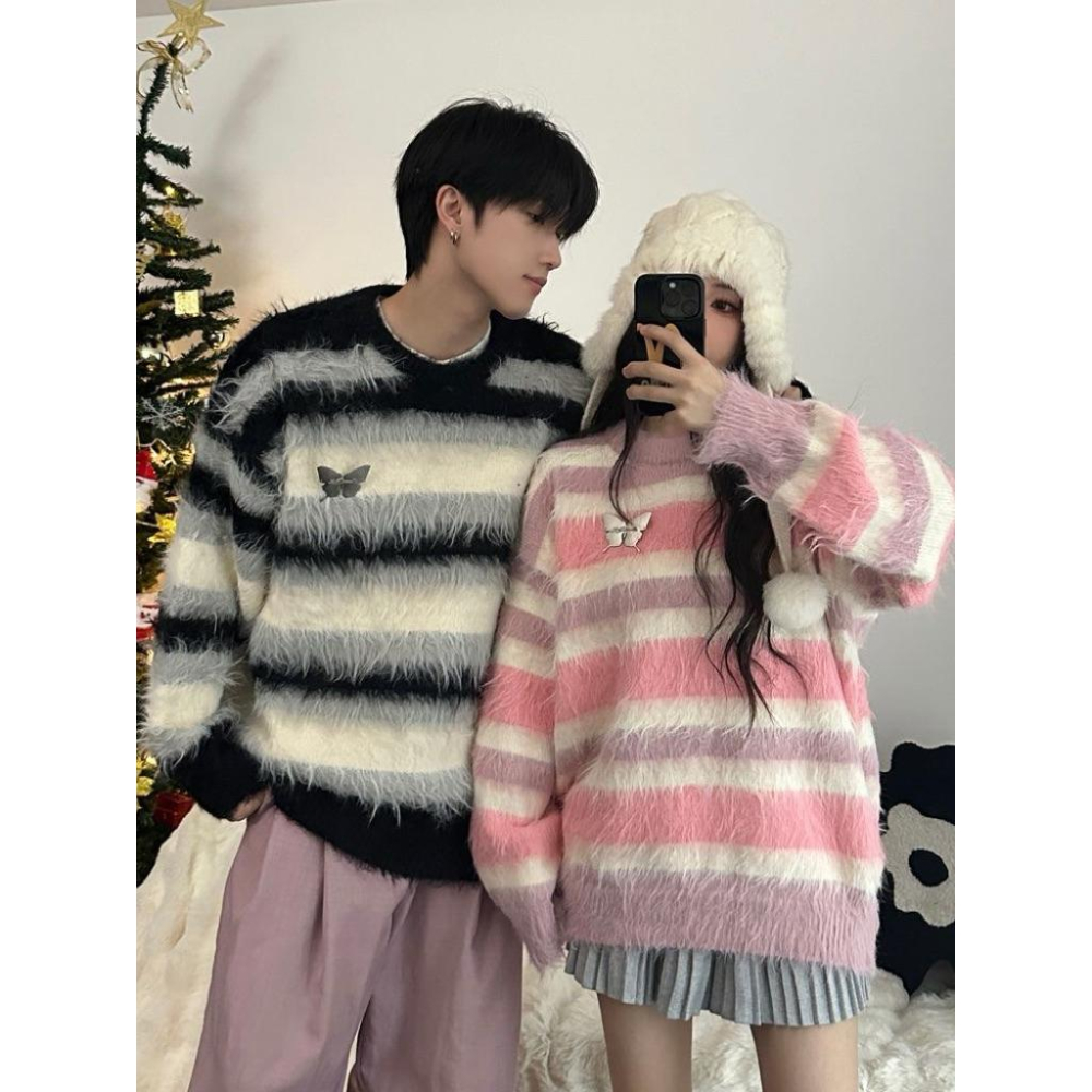 𝑩𝑶𝑾𝑨˚✿˖ 選品｜蝴蝶絨絨條紋情侶裝-細節圖3