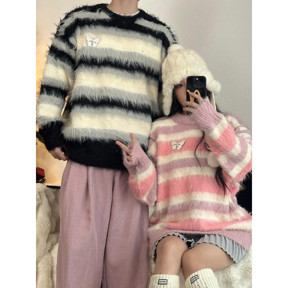 𝑩𝑶𝑾𝑨˚✿˖ 選品｜蝴蝶絨絨條紋情侶裝-細節圖4