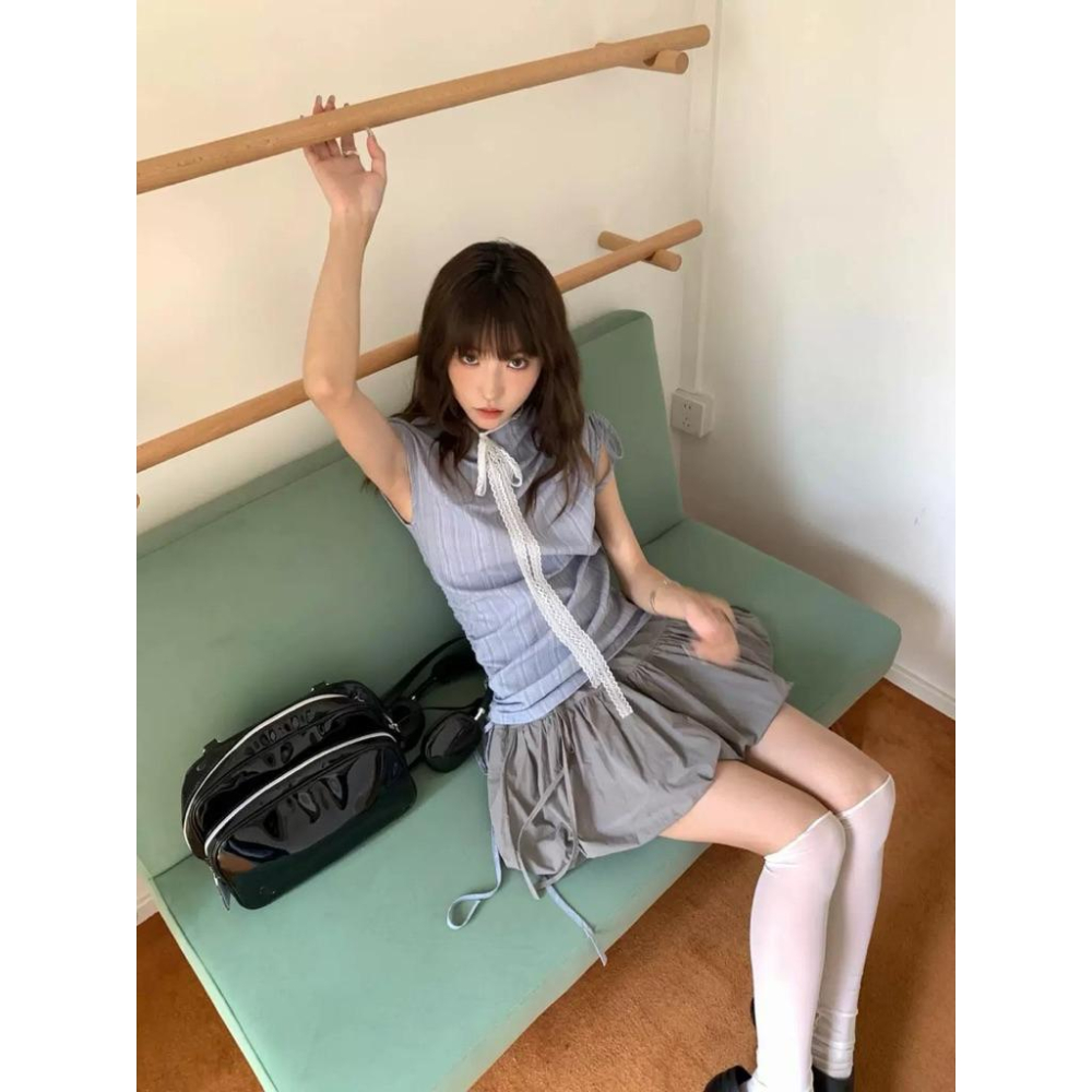 𝑩𝑶𝑾𝑨˚✿˖ 選品｜2025韓系推薦❤️‍🔥條紋抽繩無袖上衣&花苞裙-細節圖2