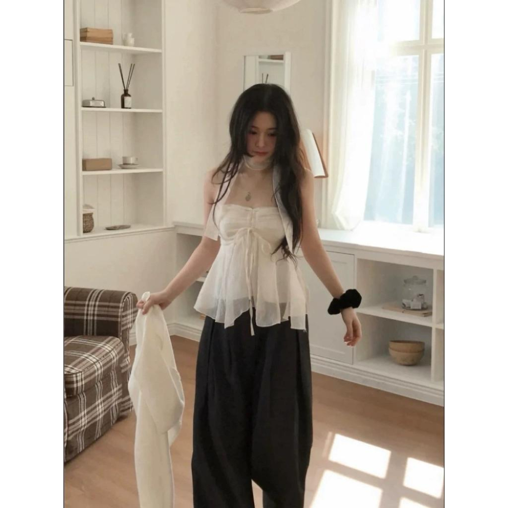 𝑩𝑶𝑾𝑨˚✿˖ 選品｜清透感網紗抽繩短款上衣（含飄帶）-細節圖2