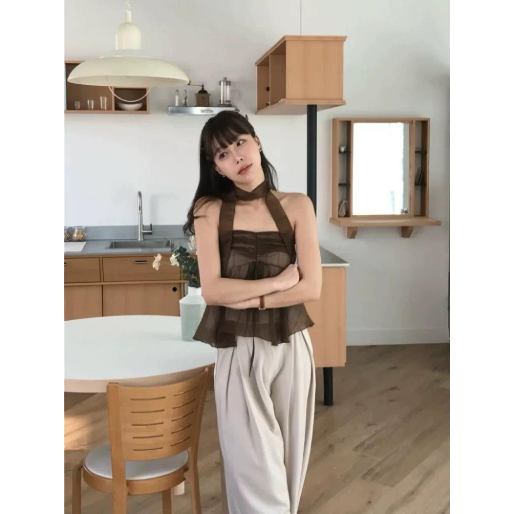 𝑩𝑶𝑾𝑨˚✿˖ 選品｜清透感網紗抽繩短款上衣（含飄帶）-細節圖3