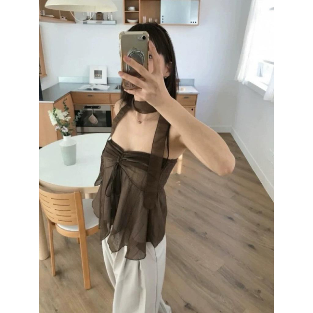 𝑩𝑶𝑾𝑨˚✿˖ 選品｜清透感網紗抽繩短款上衣（含飄帶）-細節圖4