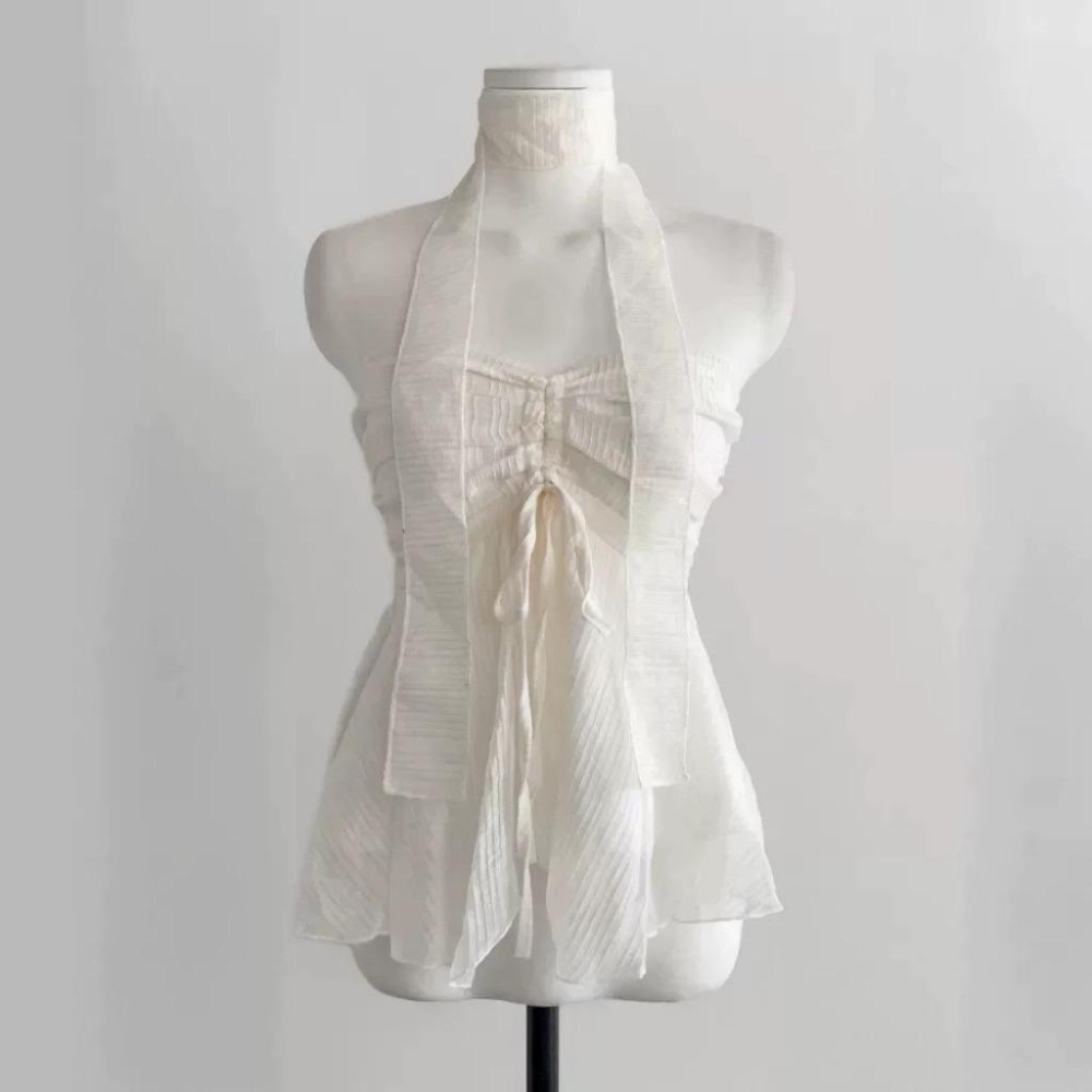 𝑩𝑶𝑾𝑨˚✿˖ 選品｜清透感網紗抽繩短款上衣（含飄帶）-細節圖5