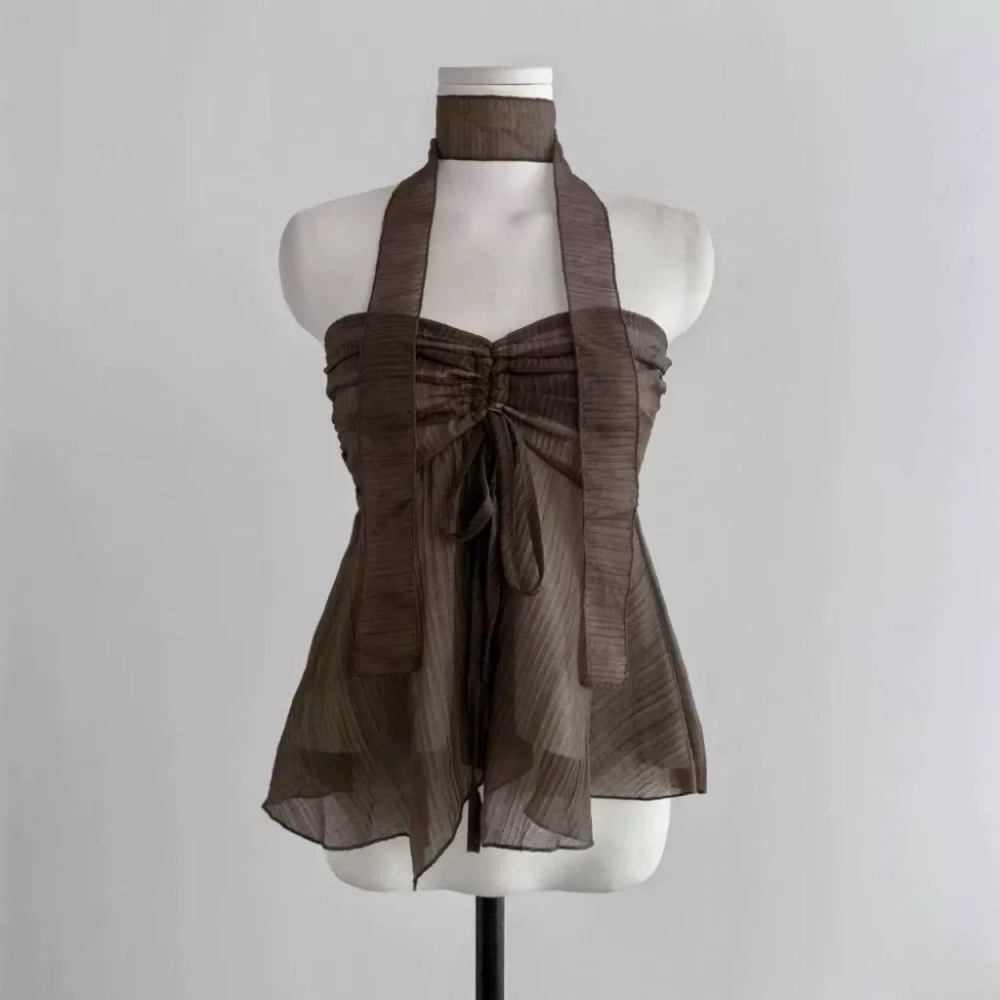 𝑩𝑶𝑾𝑨˚✿˖ 選品｜清透感網紗抽繩短款上衣（含飄帶）-細節圖6