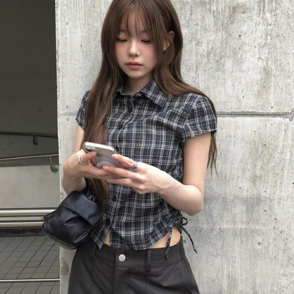 𝑩𝑶𝑾𝑨˚✿˖ 選品｜韓系街頭抽繩格紋襯衫-細節圖2