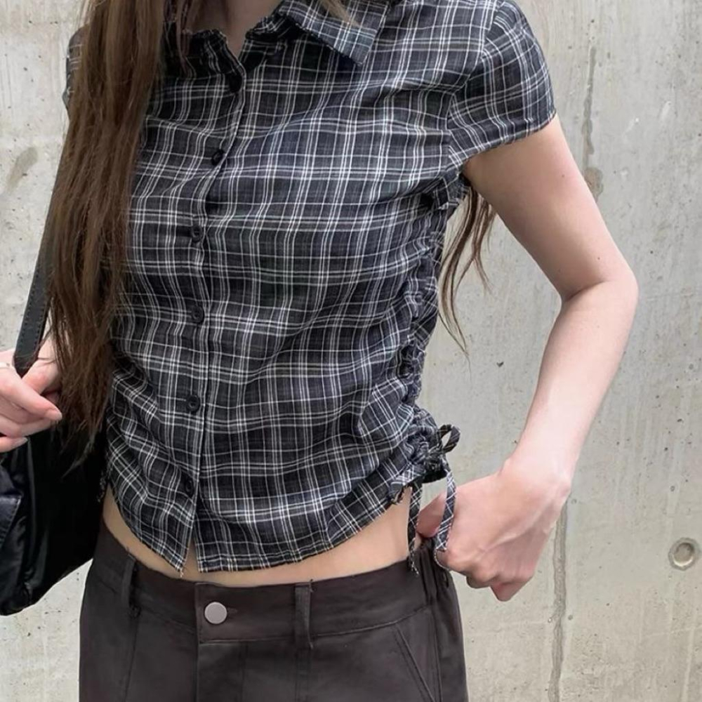 𝑩𝑶𝑾𝑨˚✿˖ 選品｜韓系街頭抽繩格紋襯衫-細節圖3