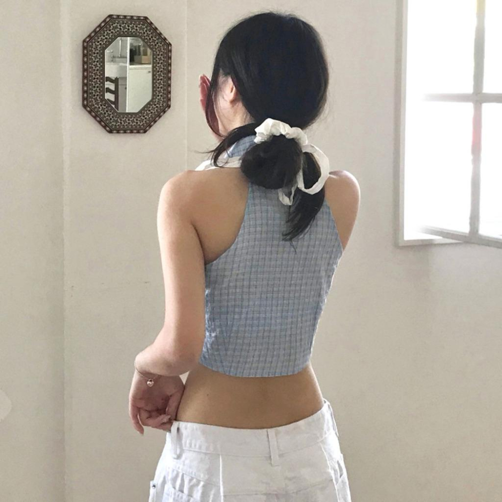 𝑩𝑶𝑾𝑨˚✿˖ 選品｜藍色格紋掛脖背心-細節圖5