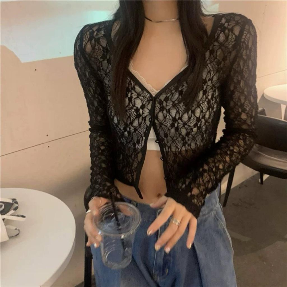 𝑩𝑶𝑾𝑨˚✿˖ 選品｜蕾絲內搭打底顯瘦透視罩衫-細節圖3