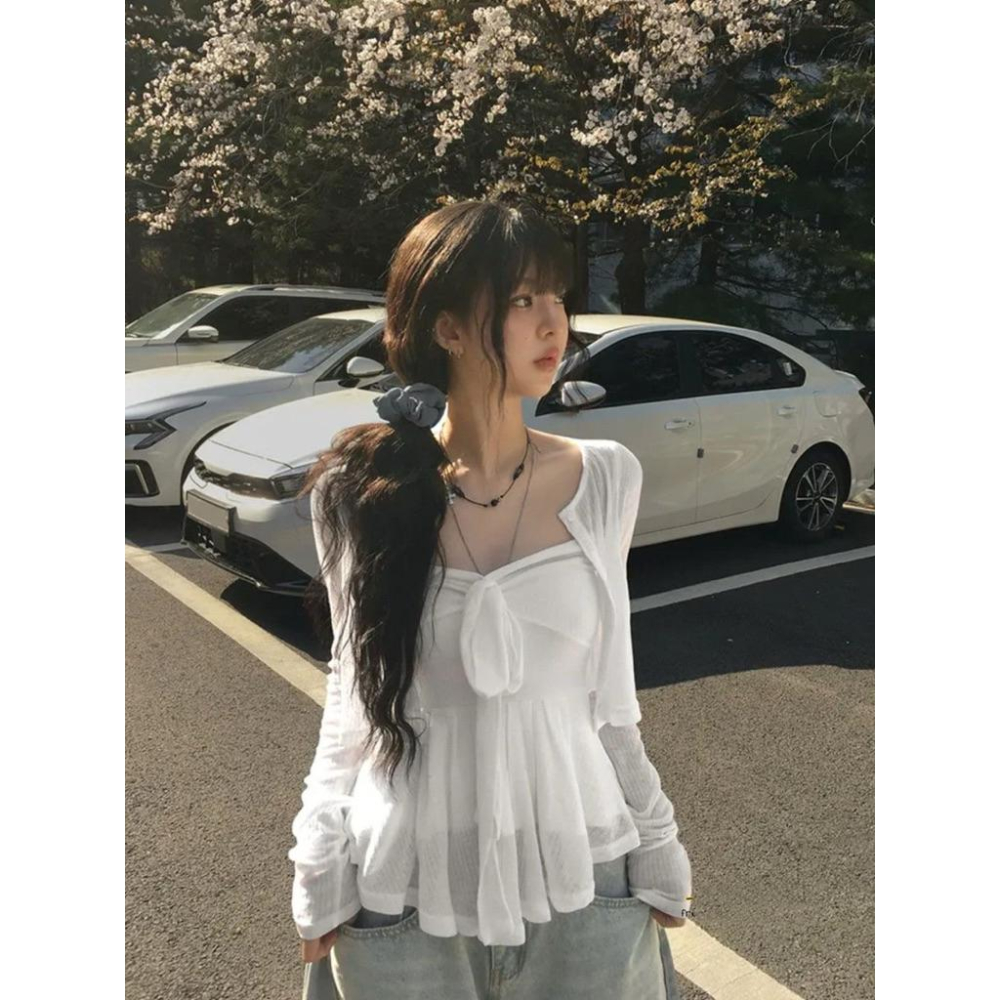 𝑩𝑶𝑾𝑨˚✿˖ 選品｜（1+1）純慾蝴蝶結芭蕾吊帶&罩衫🤍-細節圖2