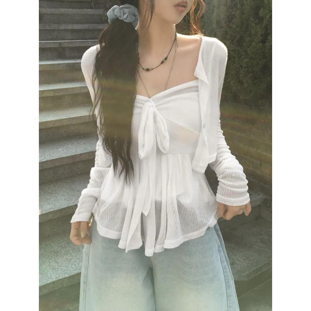 𝑩𝑶𝑾𝑨˚✿˖ 選品｜（1+1）純慾蝴蝶結芭蕾吊帶&罩衫🤍-細節圖3