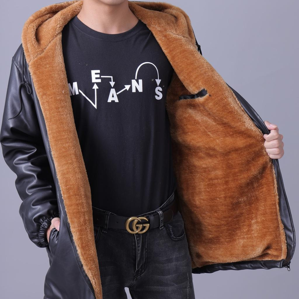 冬季男加絨加厚連帽保暖皮衣外套棉衣外套寬鬆機車大衣-細節圖2