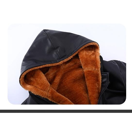 冬季男加絨加厚連帽保暖皮衣外套棉衣外套寬鬆機車大衣-細節圖4