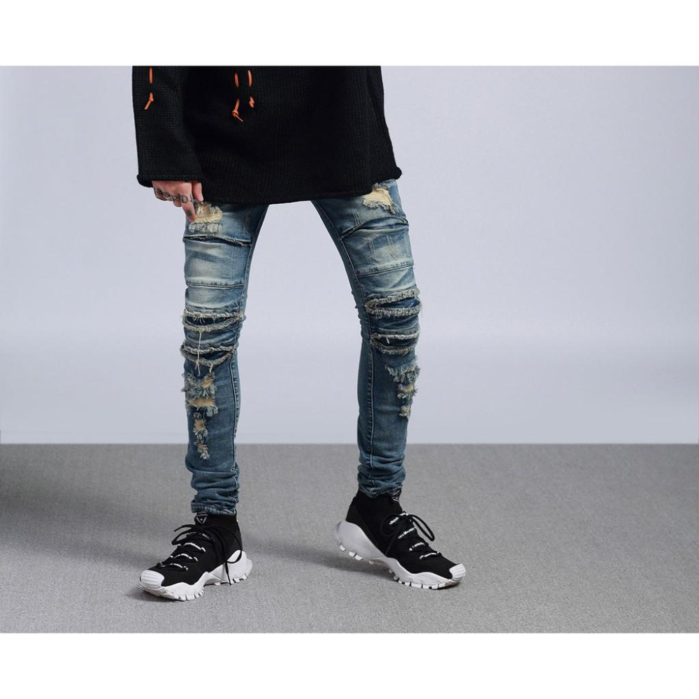 現貨 男 緊身 刷破 破壞 窄管 破壞牛仔褲 skinny 抽鬚破壞 破洞 男牛仔褲 牛仔破褲 丹寧-細節圖2