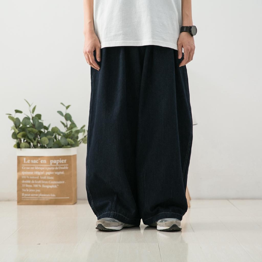 現貨 日系復古工裝牛仔寬褲全棉水洗鬆緊腰牛仔寬鬆-細節圖2