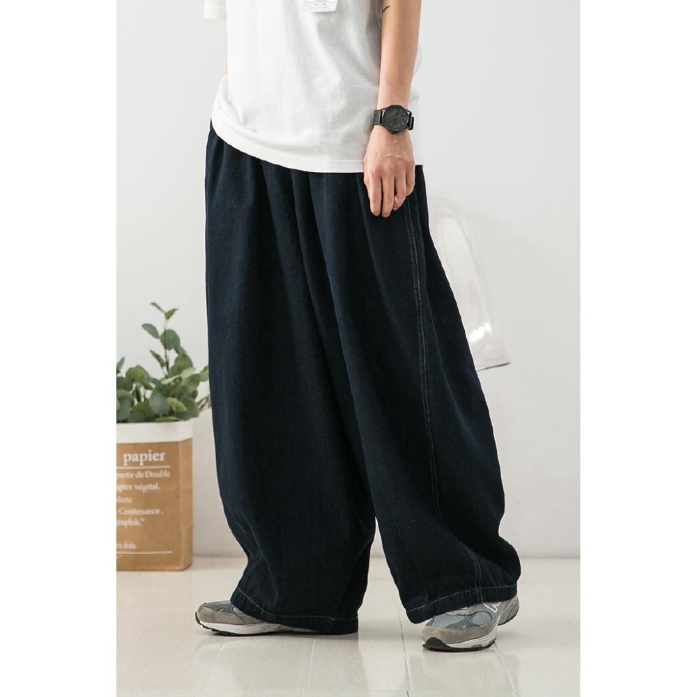 現貨 日系復古工裝牛仔寬褲全棉水洗鬆緊腰牛仔寬鬆-細節圖3
