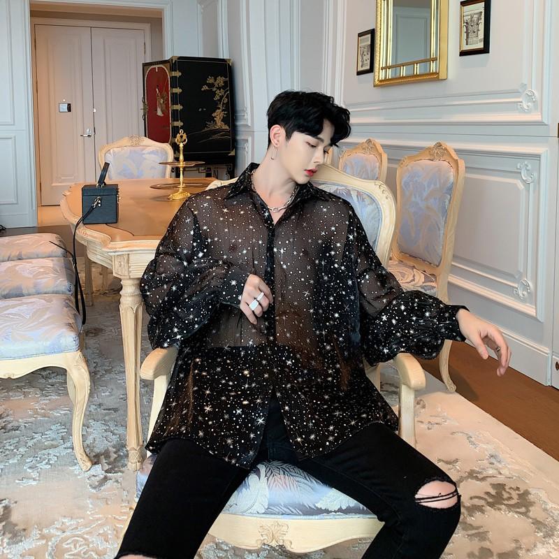 ✨現貨在台<星空設計款> 星空 半透明 防曬 襯衫 歐美風 印花 寬鬆風 潮流 男生襯衫 襯衫 花襯衫 春夏 韓版-細節圖2