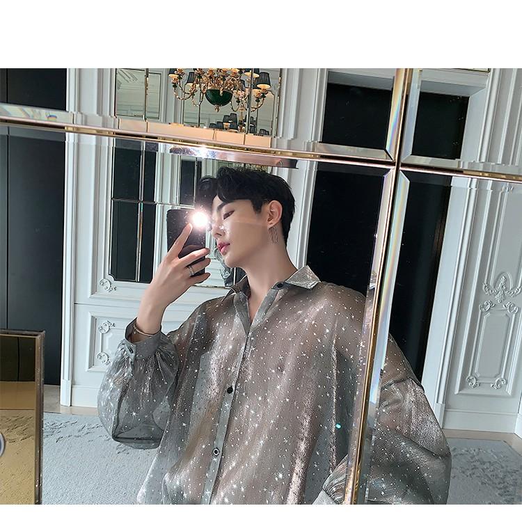 ✨現貨在台<星空設計款> 星空 半透明 防曬 襯衫 歐美風 印花 寬鬆風 潮流 男生襯衫 襯衫 花襯衫 春夏 韓版-細節圖3