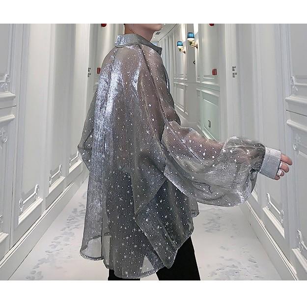 ✨現貨在台<星空設計款> 星空 半透明 防曬 襯衫 歐美風 印花 寬鬆風 潮流 男生襯衫 襯衫 花襯衫 春夏 韓版-細節圖5