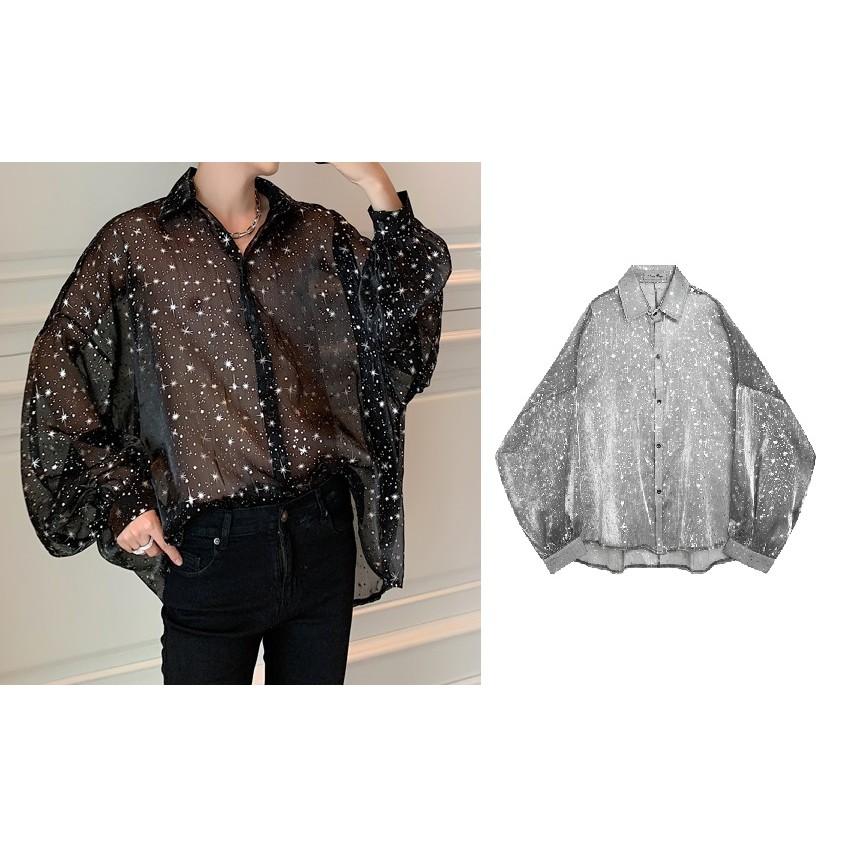 ✨現貨在台<星空設計款> 星空 半透明 防曬 襯衫 歐美風 印花 寬鬆風 潮流 男生襯衫 襯衫 花襯衫 春夏 韓版-細節圖7