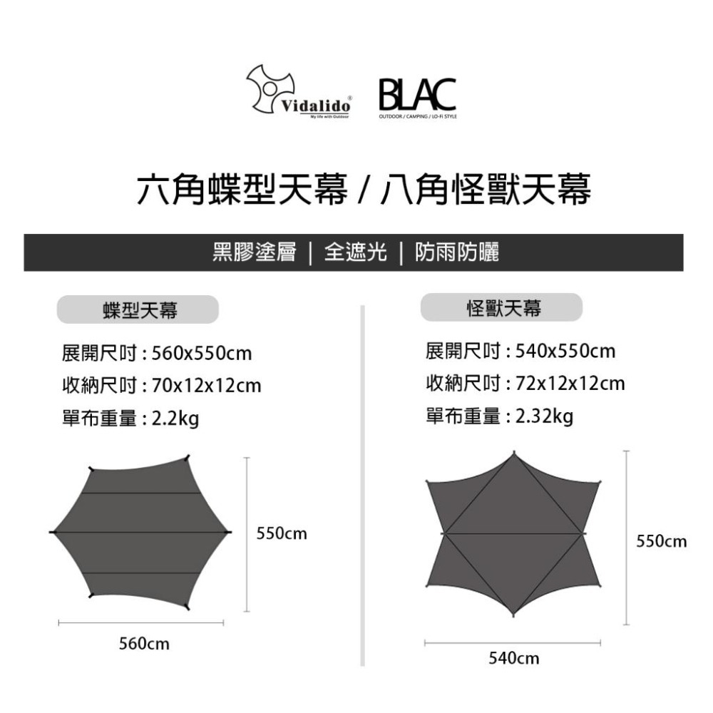 【BLAC黑客】Vidalido維達利多輕量黑膠天幕560x550 蝶型/怪獸 全遮四層黑膠 200D抗撕裂格紋布-細節圖8