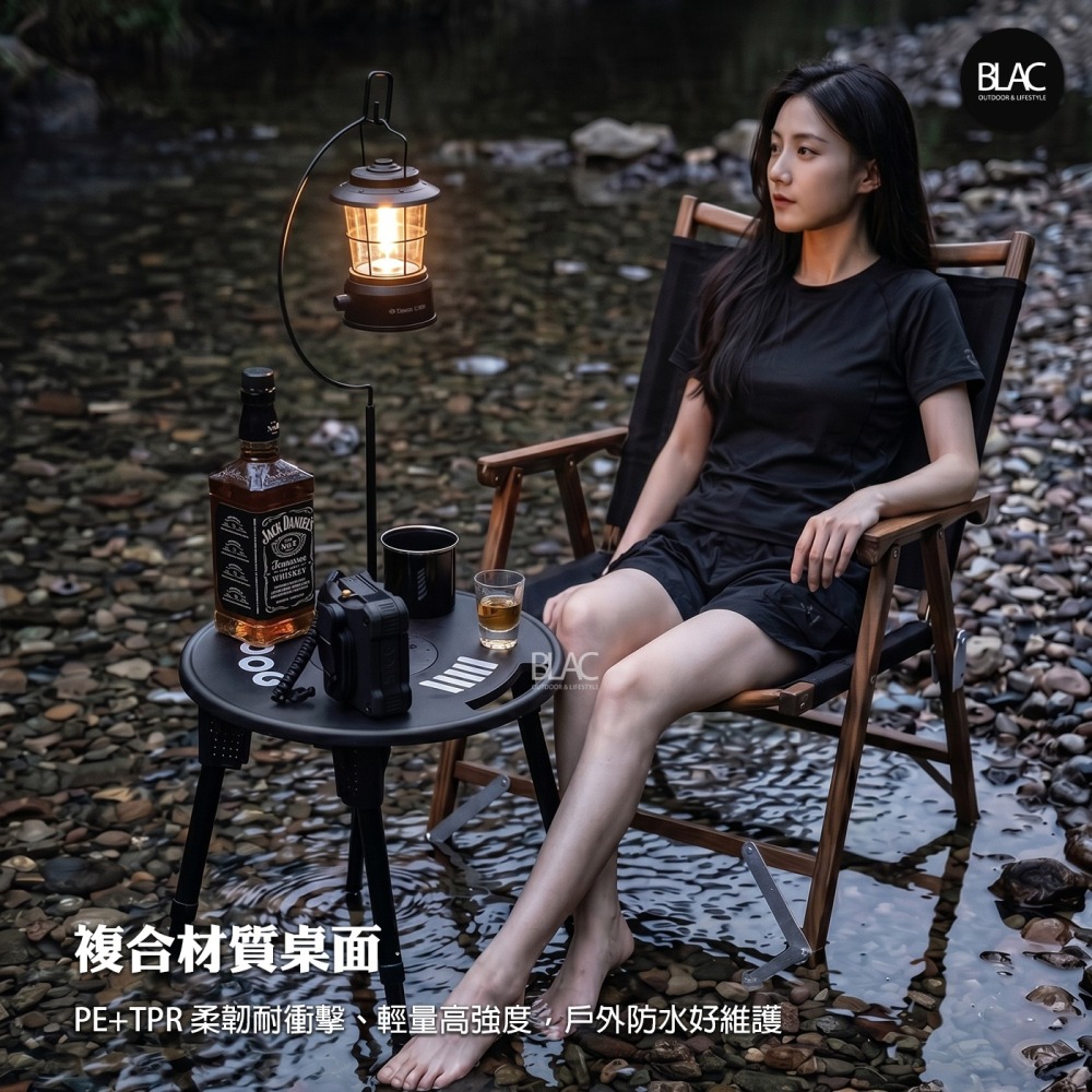 【BLAC黑客】BLACKDOG黑狗露營桌圓桌椅凳釣魚桌 桌凳兩用附燈架 鋁合金桌腳 一體式收納-細節圖6