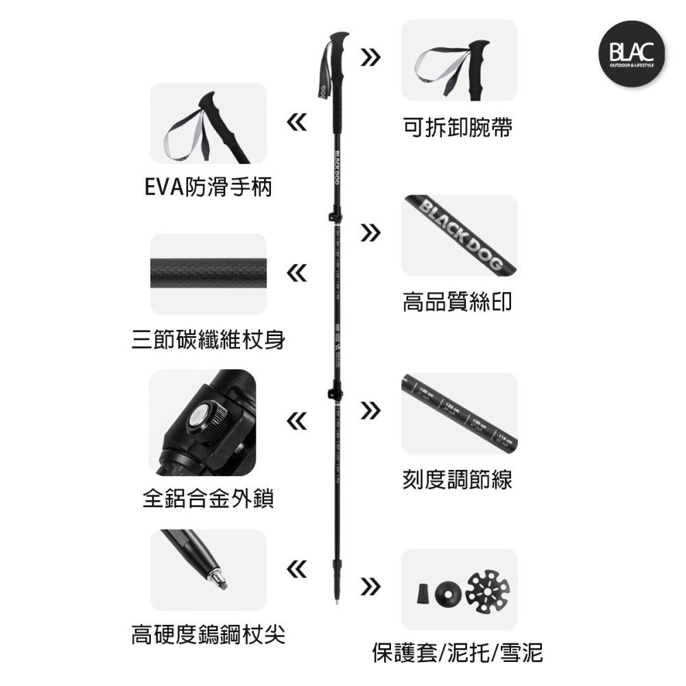 【BLAC黑客】BLACKDOG黑狗碳纖維登山杖 66~135cm三節式無段調整 全碳纖維多層X交叉編織-細節圖9
