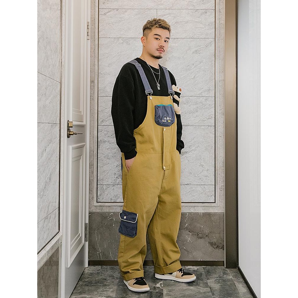 現貨 大尺碼 工裝連身吊帶褲 撞色 刺繡 工裝長褲 男 連身褲 大尺寸-細節圖2