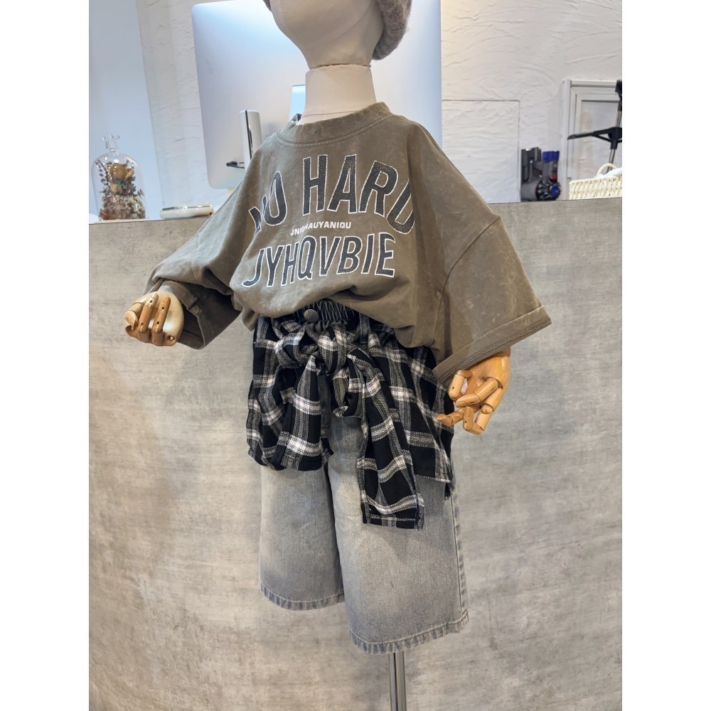 11026大男女孩格子綁腰五分褲-細節圖2