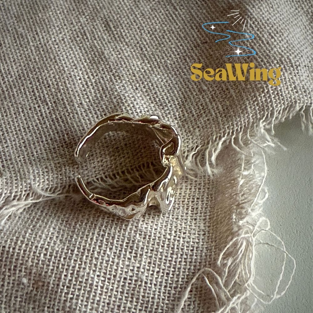 汐影 SeaWing｜S925銀  ✿海浪波紋✿  皺褶設計感 酷甜風格 可調節開口戒指 寬版戒指 飾品 銀飾 純銀戒-細節圖5