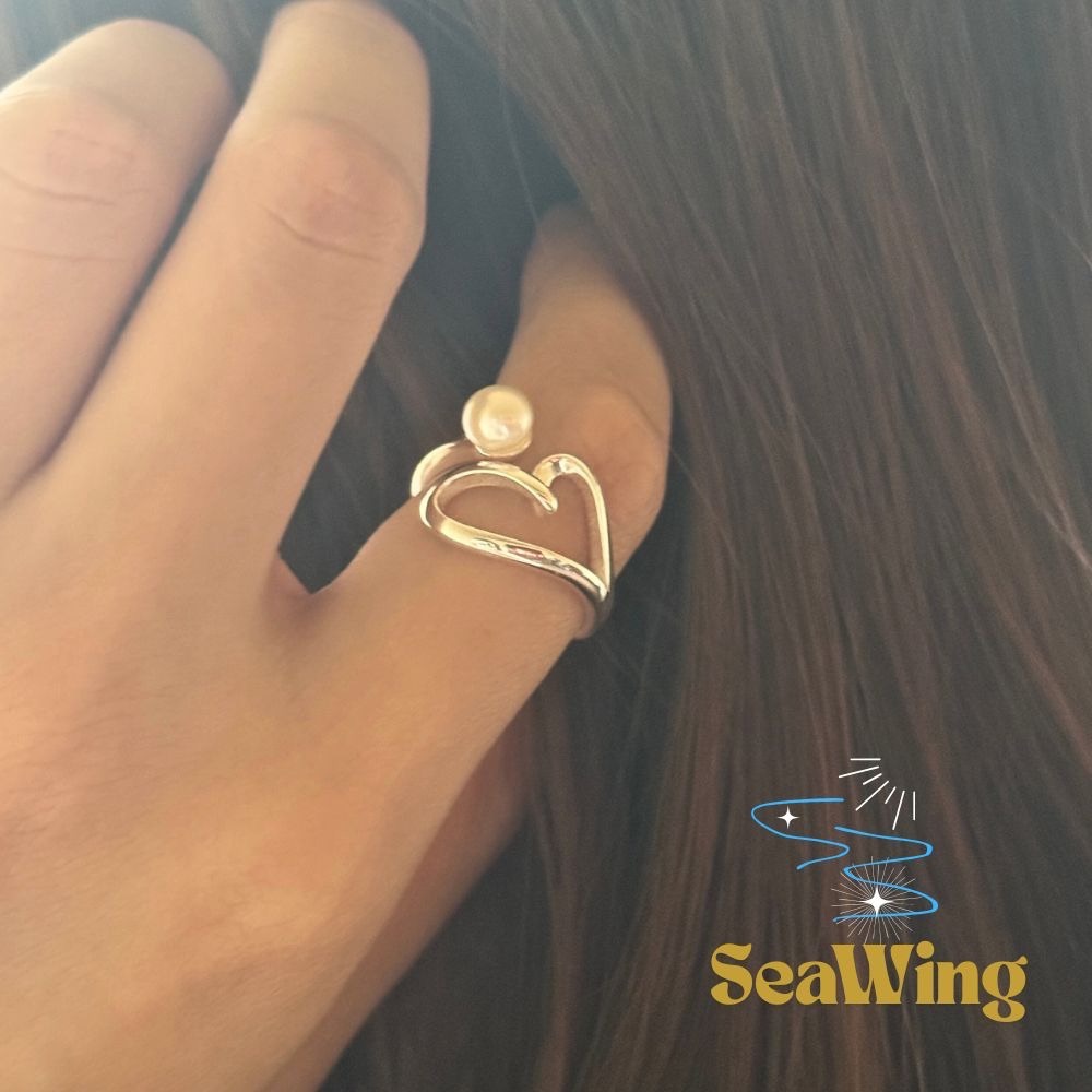汐影 SeaWing｜S925銀  ✿愛心線條珍珠✿  日常搭配 甜美風格 百搭戒指 人造珍珠戒指 飾品 銀飾 純銀戒-細節圖4