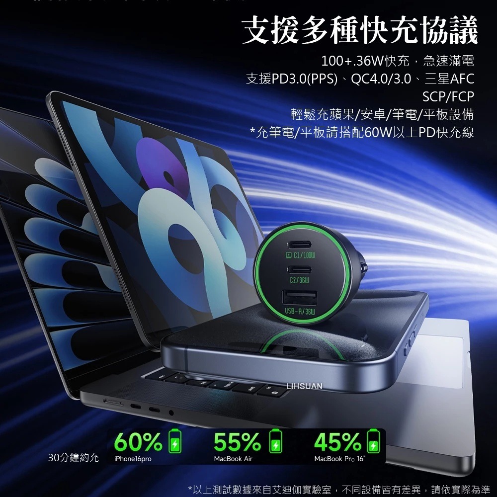 AIDOGA 136W 三孔 PD快充 Type-C+USB-A 車充 點菸器車用充電器 LED 適用手機/平板/筆電-細節圖6