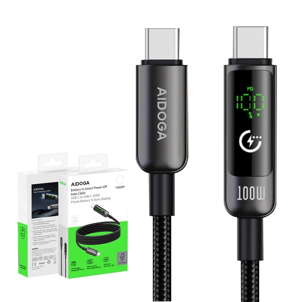 AIDOGA 雙Type-C/PD充電線傳輸線快充線 100W 電量顯示/智能斷電/補電/功率數顯 1.2M-細節圖3