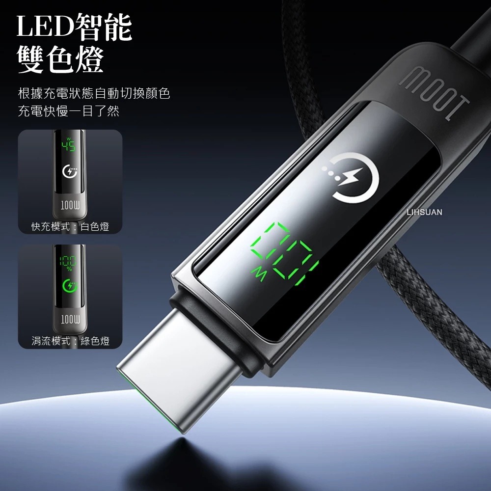AIDOGA 雙Type-C/PD充電線傳輸線快充線 100W 電量顯示/智能斷電/補電/功率數顯 1.2M-細節圖9