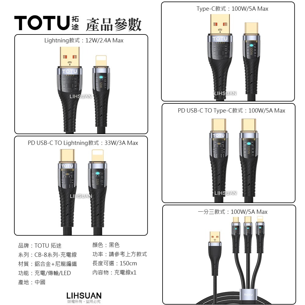TOTU 雙Type-C/PD 充電線 傳輸線 閃充線 編織 快充線 100W CB-8系列 1.5M 拓途-細節圖11