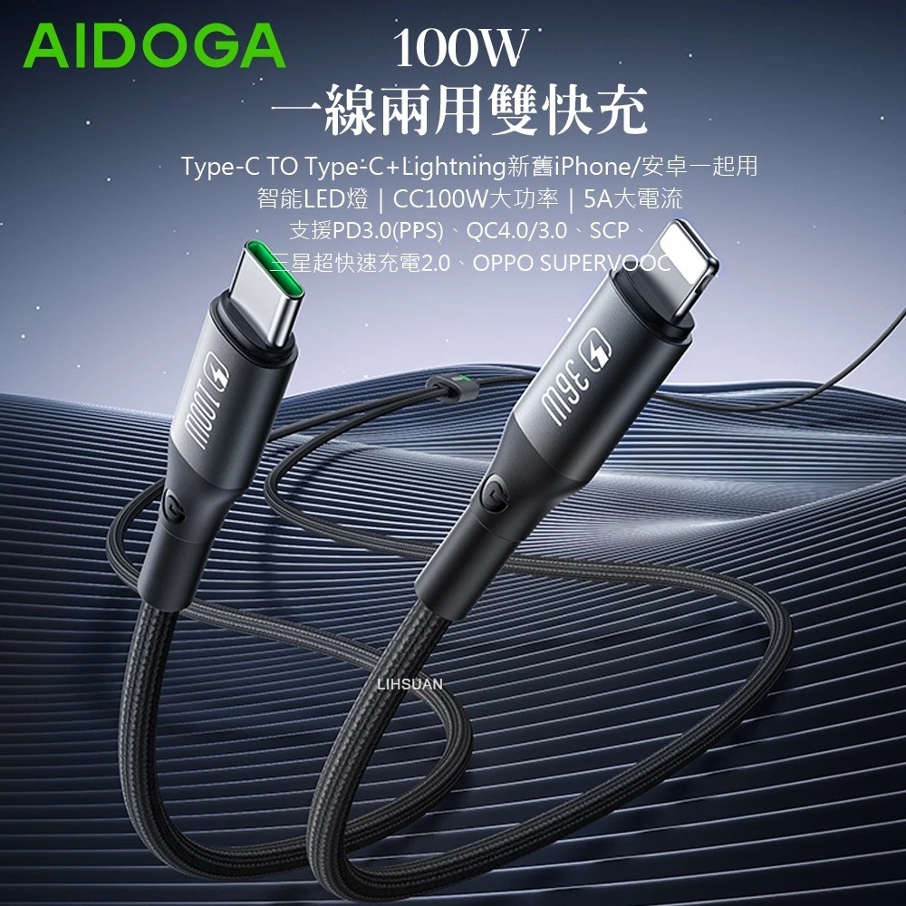 AIDOGA 100W 一分二 TypeC+Lightning PD 充電線 傳輸線 QC4.0 LED 爵士1.5M-細節圖3