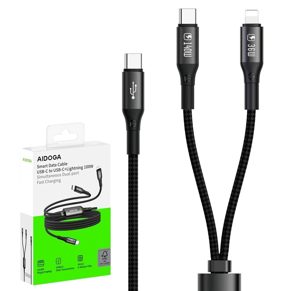 AIDOGA 100W 一分二 TypeC+Lightning PD 充電線 傳輸線 QC4.0 LED 爵士1.5M-規格圖11