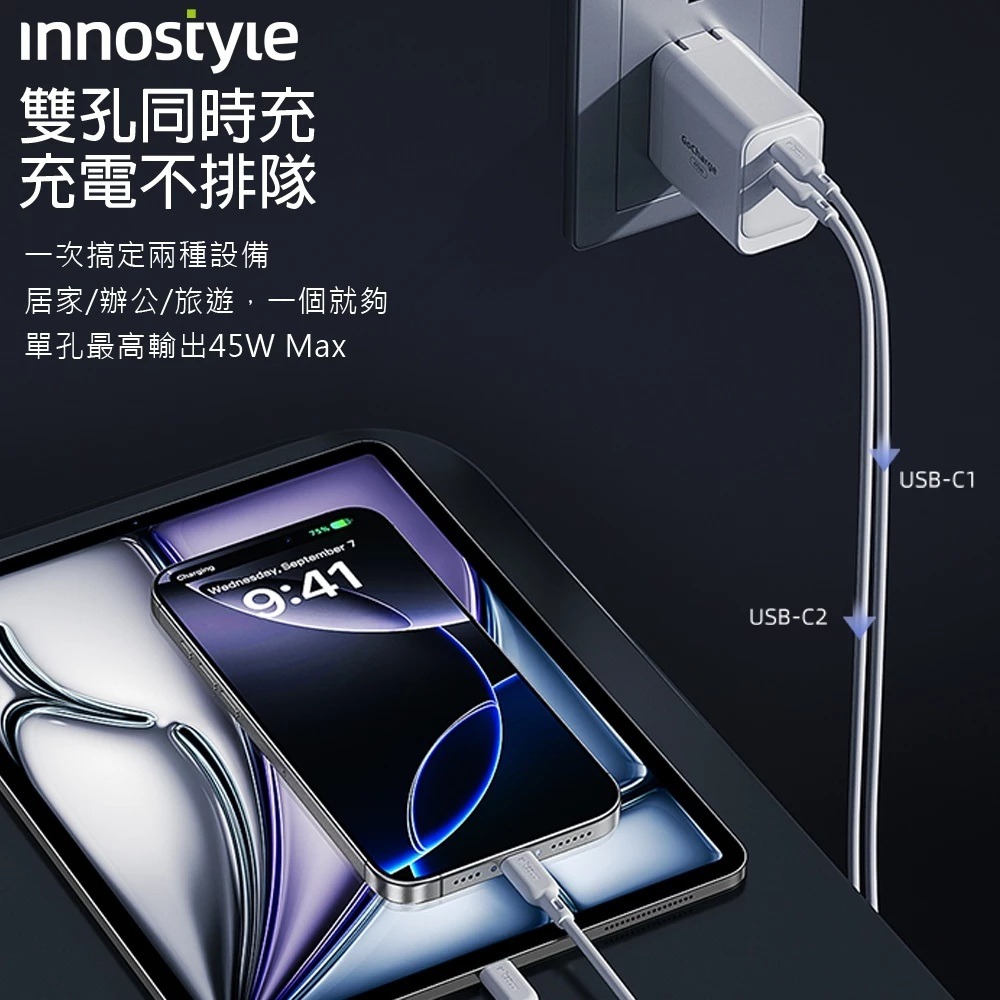 innostyle iphone17 雙孔 45W TypeC/PD/GaN 氮化鎵快充 充電器 充電頭台灣BSM認證-細節圖5