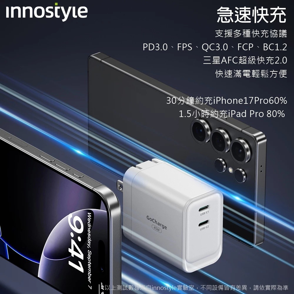 innostyle iphone17 雙孔 45W TypeC/PD/GaN 氮化鎵快充 充電器 充電頭台灣BSM認證-細節圖6