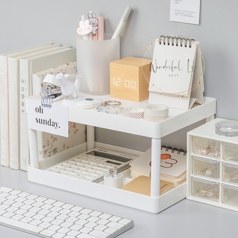 ❤︎台灣現貨❤︎ins簡約桌面白色收納雙層架 置物架 文具收納 化妝品收納 學生書桌收納 「有感選物」-細節圖2