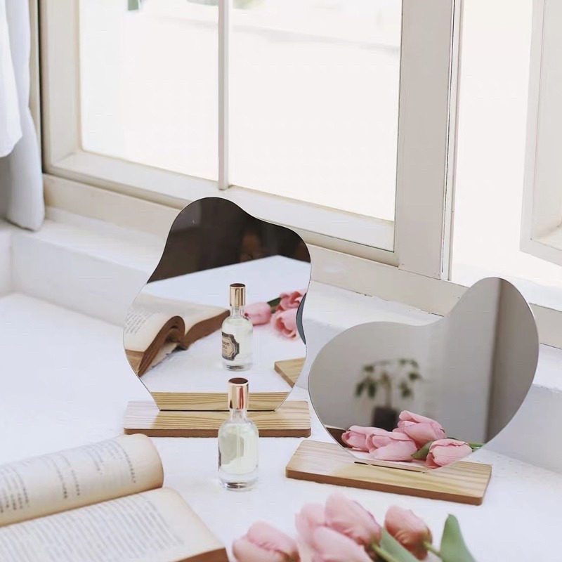 ❤︎台灣現貨❤︎韓國小清新ins風木質底座不規則鏡子 桌上鏡 化妝鏡造型鏡子 居家擺設「有感選物」-細節圖3