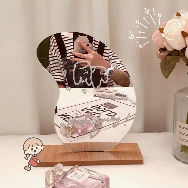 ❤︎台灣現貨❤︎韓國小清新ins風木質底座不規則鏡子 桌上鏡 化妝鏡造型鏡子 居家擺設「有感選物」-細節圖5