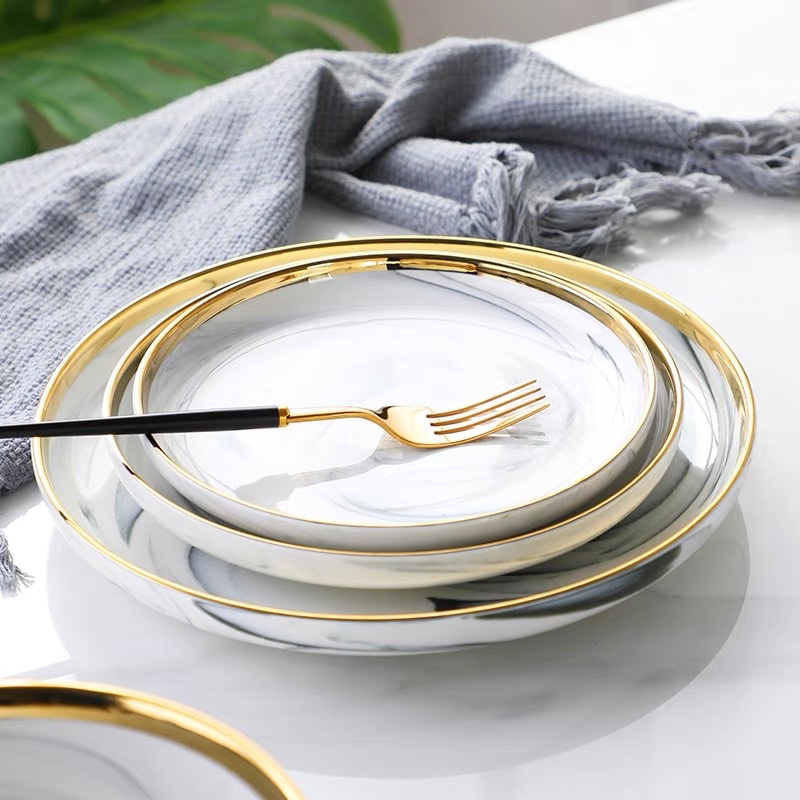 台灣現貨 北歐大理石金邊陶瓷餐盤湯碗 盤子碗盤飯碗沙拉碗 甜點盤 西餐盤「有感選物」-細節圖3