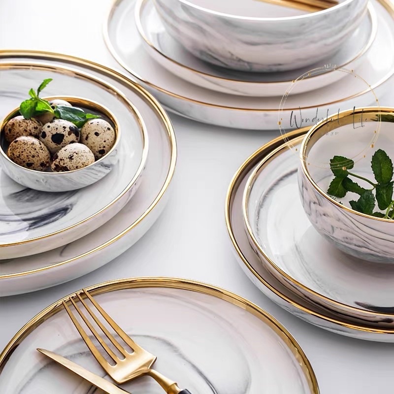 台灣現貨 北歐大理石金邊陶瓷餐盤湯碗 盤子碗盤飯碗沙拉碗 甜點盤 西餐盤「有感選物」-細節圖5