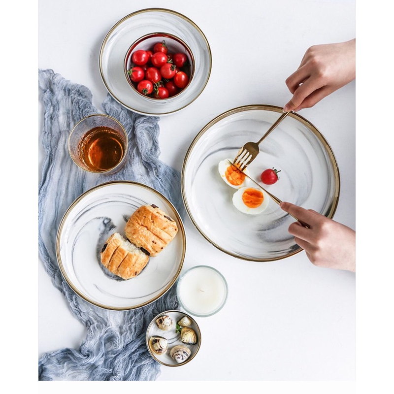 台灣現貨 北歐大理石金邊陶瓷餐盤湯碗 盤子碗盤飯碗沙拉碗 甜點盤 西餐盤「有感選物」-細節圖6