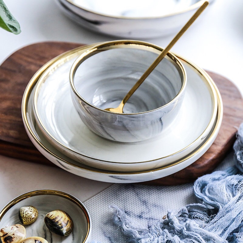 台灣現貨 北歐大理石金邊陶瓷餐盤湯碗 盤子碗盤飯碗沙拉碗 甜點盤 西餐盤「有感選物」-細節圖7
