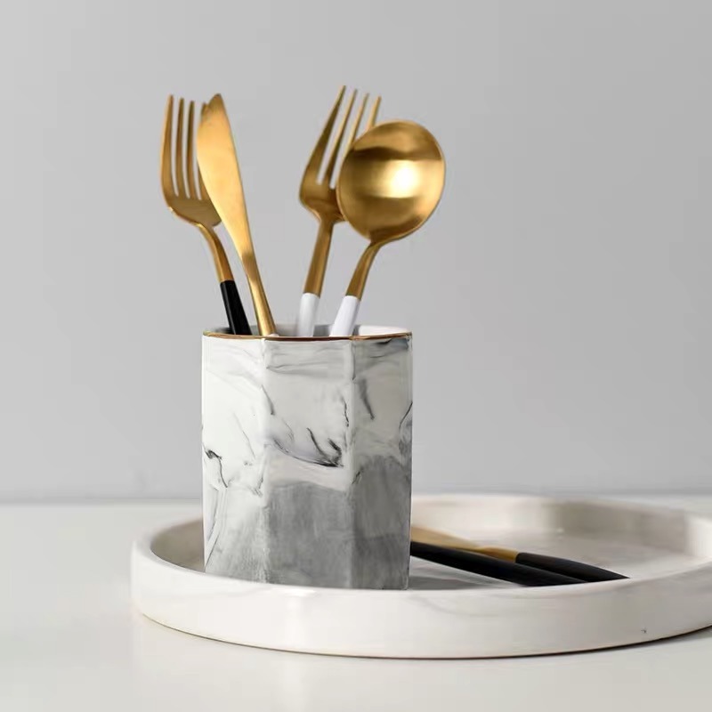 ❤︎台灣現貨❤︎北歐大理石陶瓷收納桶 筆筒收納 餐具收納 刷具收納 拍照用具「有感選物」-細節圖4